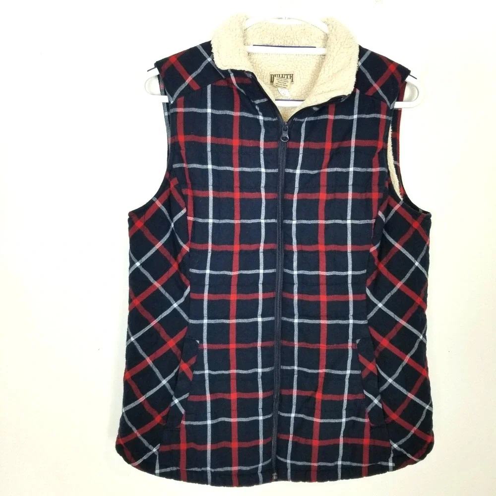 Duluth Trading Co Women's Fleece Lined Plaid Vest Sz M‎ Cotton Zip Up Outdoor
